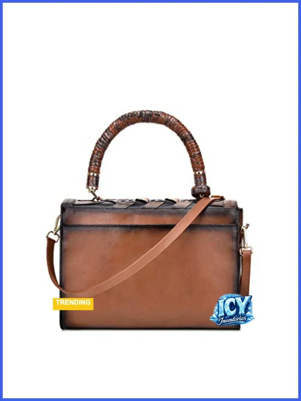 Genuine Leather Satchel Bag with Woven Detailing